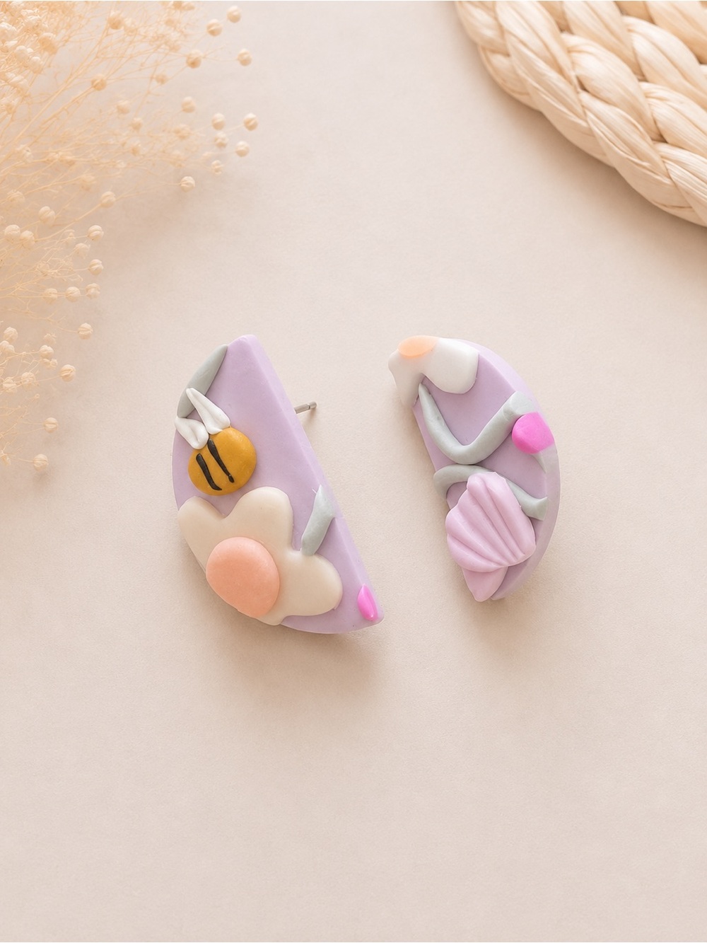 Pastel Lilac Floral & Bee Clay Half-Moon Earrings